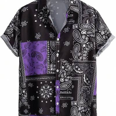Herren Hawaii-Hemd Schwarz Lila Paisley Print – Loose Fit Sommer Freizeithemd