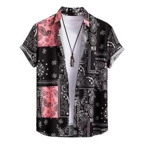 Herren Hawaii-Hemd Schwarz Pink Paisley Print – Nahaufnahme Produktfoto