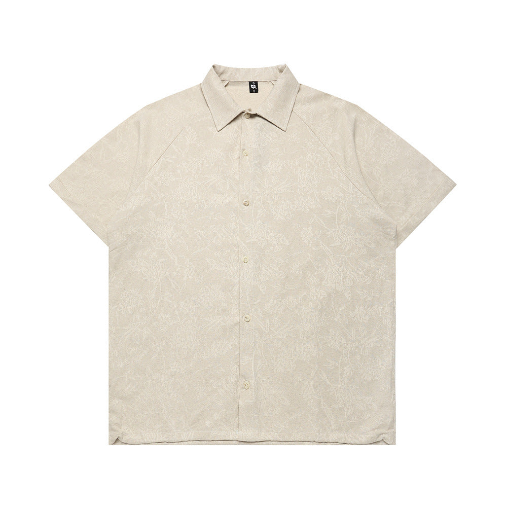 Herren-Kurzarmhemd Jacquard-Blumenmuster Linen Beige Streetstyle – BodyLuxCare