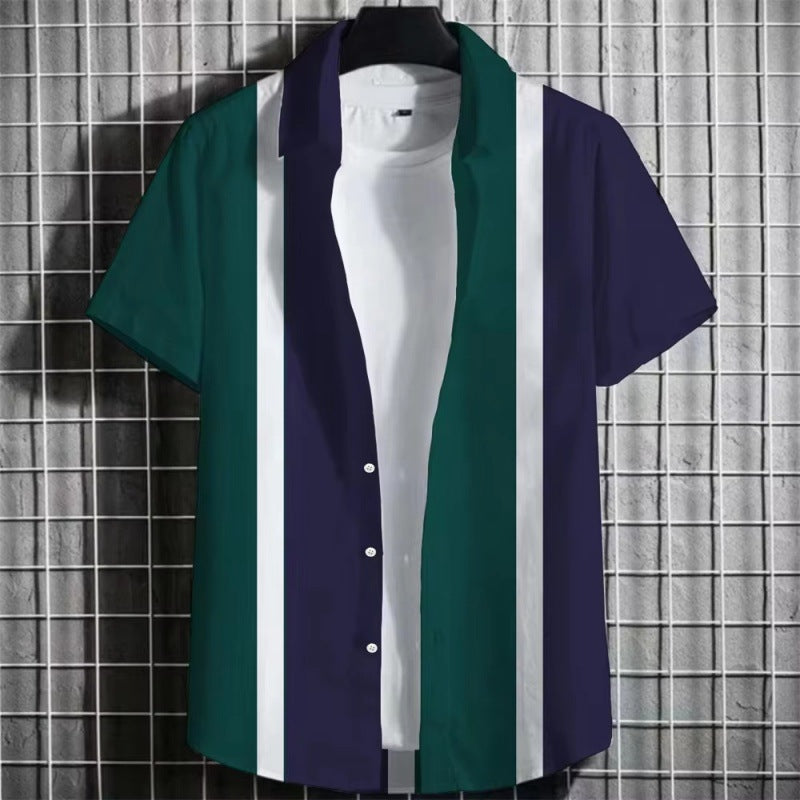 Herren Kurzarmhemd Teal Grün Weiß und Navy Streifen – Farbiger Blockstreifen