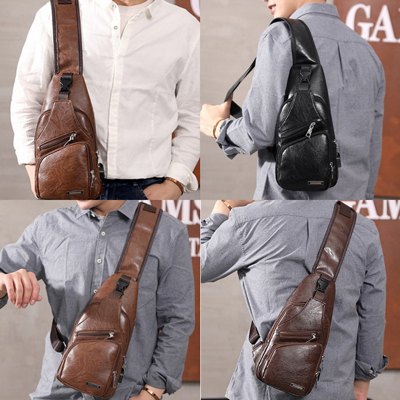 Herren Leder Brusttasche – Lifestyle Kollage alle Farbvarianten getragen