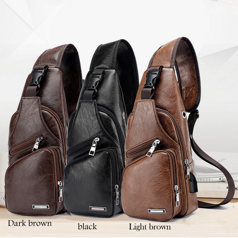 Herren PU Leder Schultertasche mit USB – Dunkelbraun, Schwarz, Hellbraun