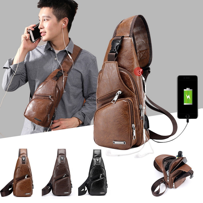 Herren Leder Schultertasche mit USB-Ladeport – Handy laden unterwegs