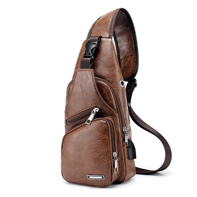 Herren Leder Brusttasche Hellbraun – Vintage Sling Bag mit USB Ladeport