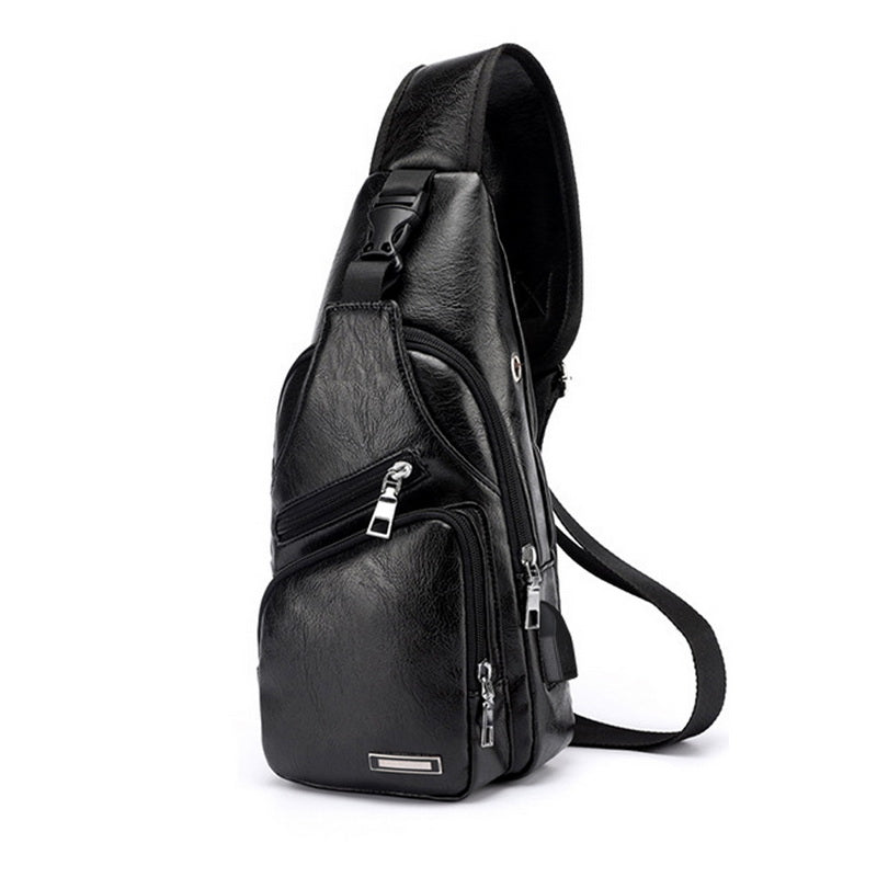 Herren Leder Brusttasche Schwarz – Eleganter Sling Bag mit USB Ladeport