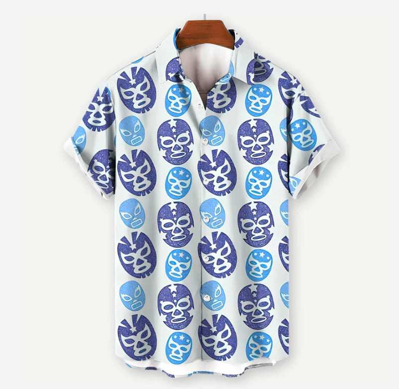 Herren Sommer Hawaii-Hemd Weiß-Blau Lucha-Masken Print – Seitenansicht auf Bügel