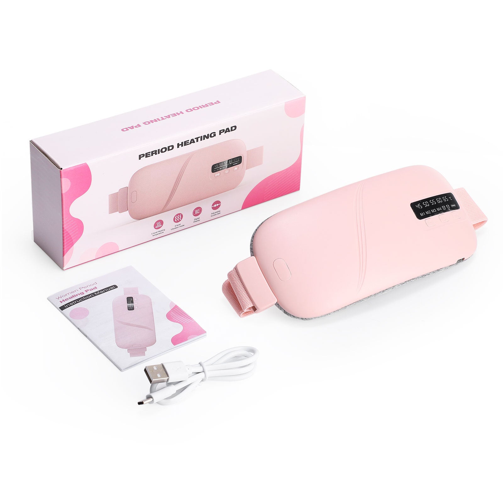 Wärme-Massagegürtel Frauen Rosa Box Zubehör USB-C Kabel Anleitung – BodyLuxCare