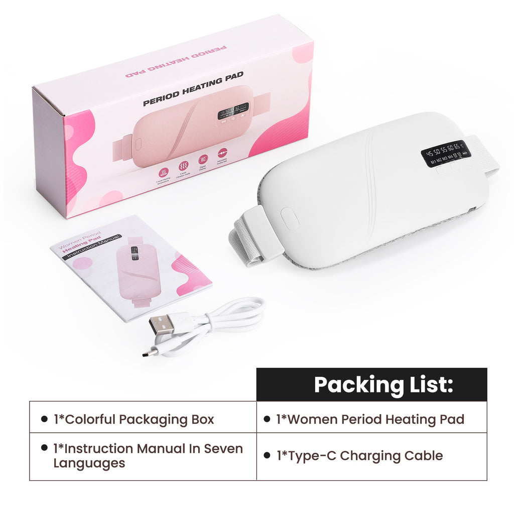 Wärme-Massagegürtel Frauen Weiß Verpackung Lieferumfang USB-C Kabel – BodyLuxCare