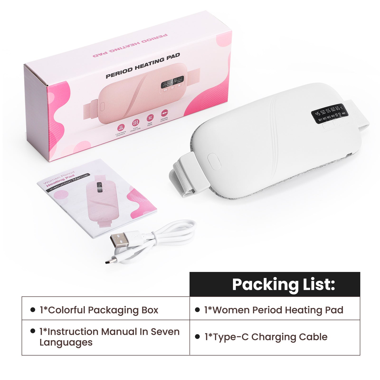 Wärme-Massagegürtel Frauen Weiß Verpackung Lieferumfang USB-C Kabel – BodyLuxCare